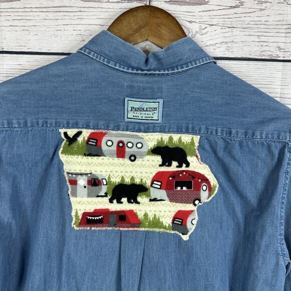 Pendleton Shirt Womens Small Blue Vintage Chambray Denim Button Country Patch - Picture 2 of 12